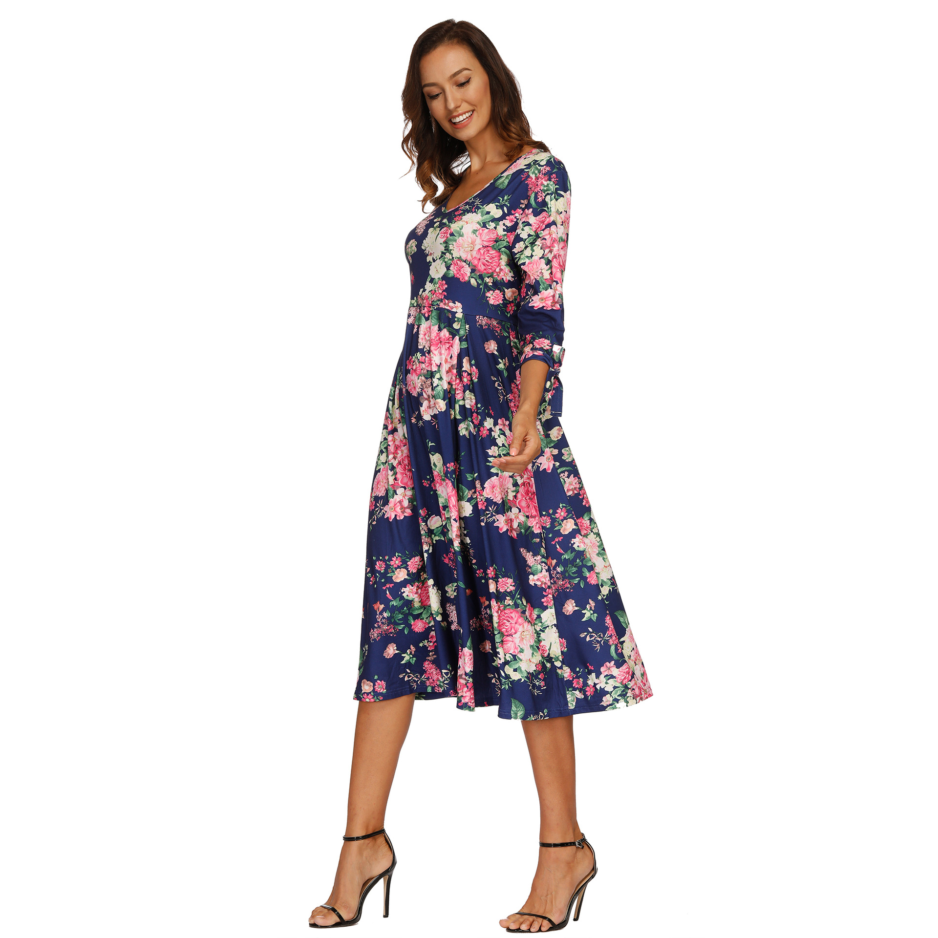 Floral Print Maxi Dress V Neck Three Quarter Sleeve Autumn Winter Style Wholesale Womens Fashion Dress