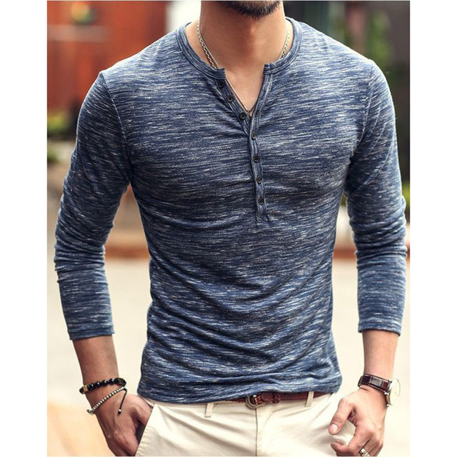 Autumn and winter new fashion open placket bamboo knot silk men’s base coat Long Sleeve slim fit T-shirt popular men