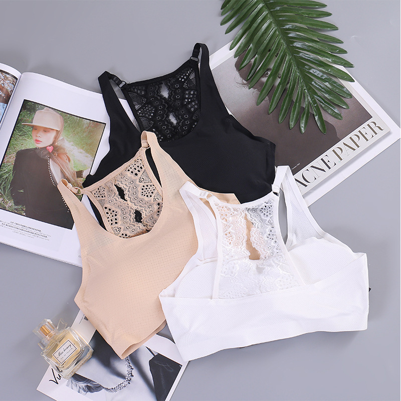 冰絲美背蕾絲性感抹胸無痕帶胸墊裹胸打底吊帶背心少女內衣文胸