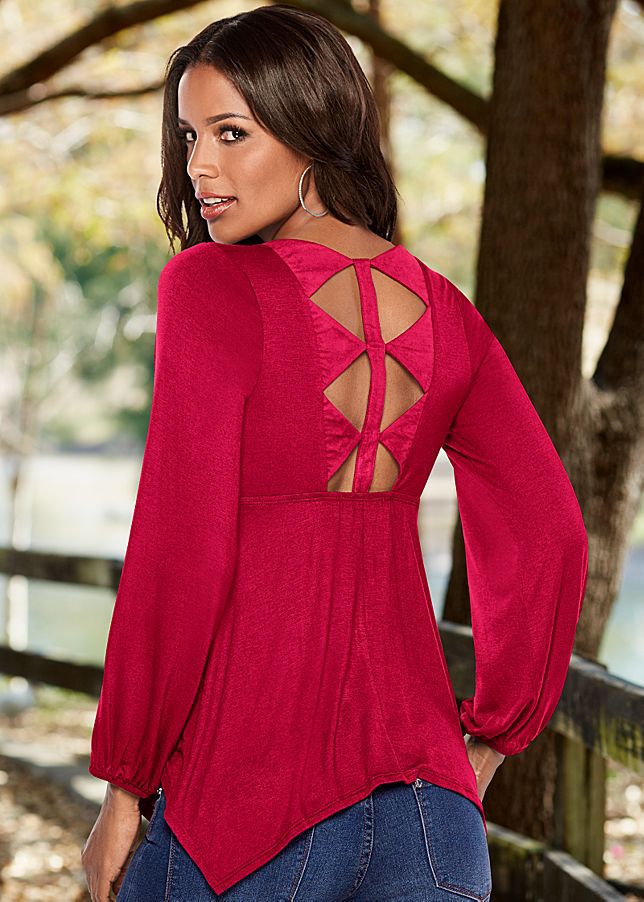 Irregular Lantern Sleeve V Neck Top Sexy Backless Design Spring Fashion for Women Wholesale Available