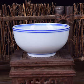 中式青花瓷碗定制logo景德镇陶瓷饭碗加厚防烫家用复古商用蓝边碗