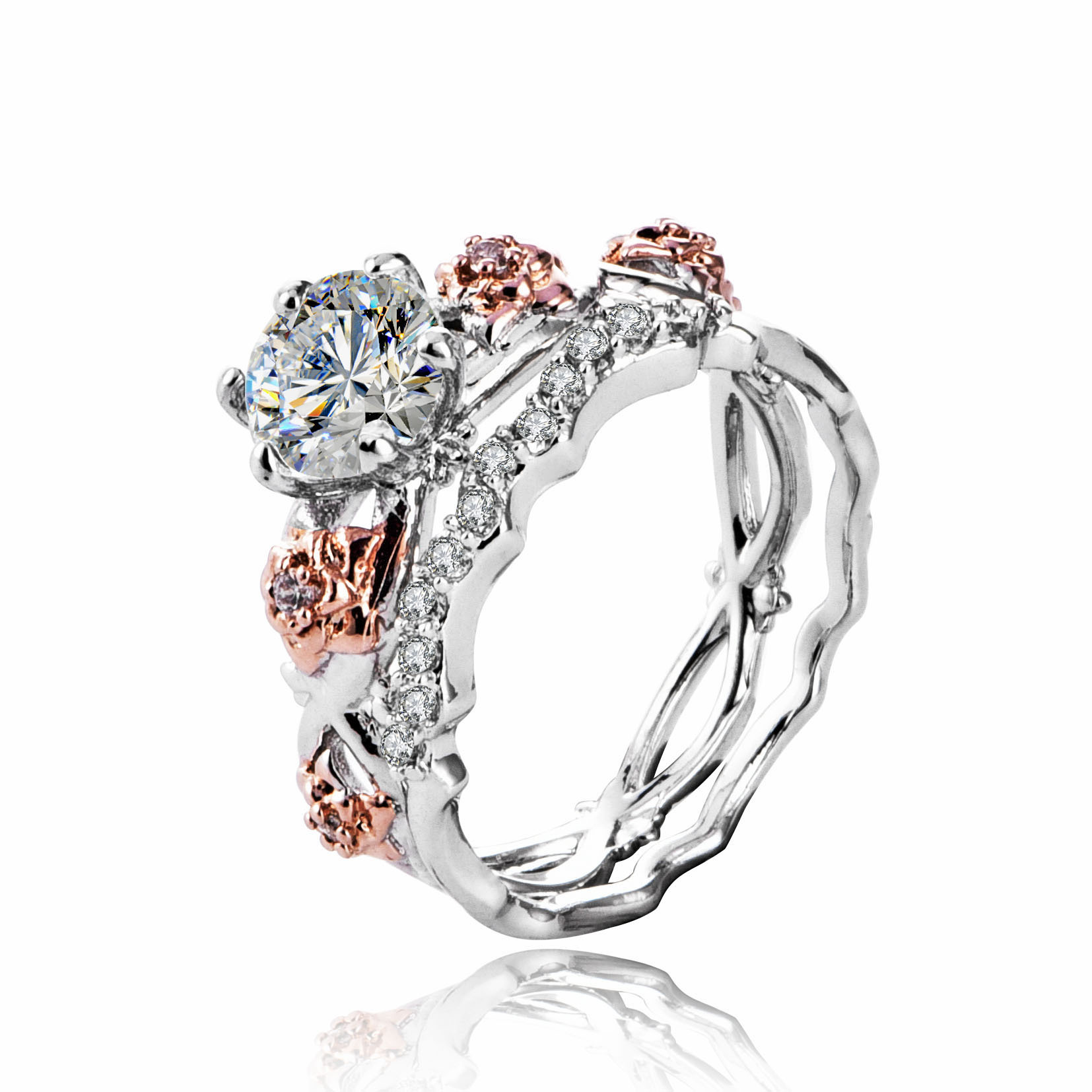 庄周饰品玫瑰金花朵锆石戒指女优雅双层高档铜指环精品手饰