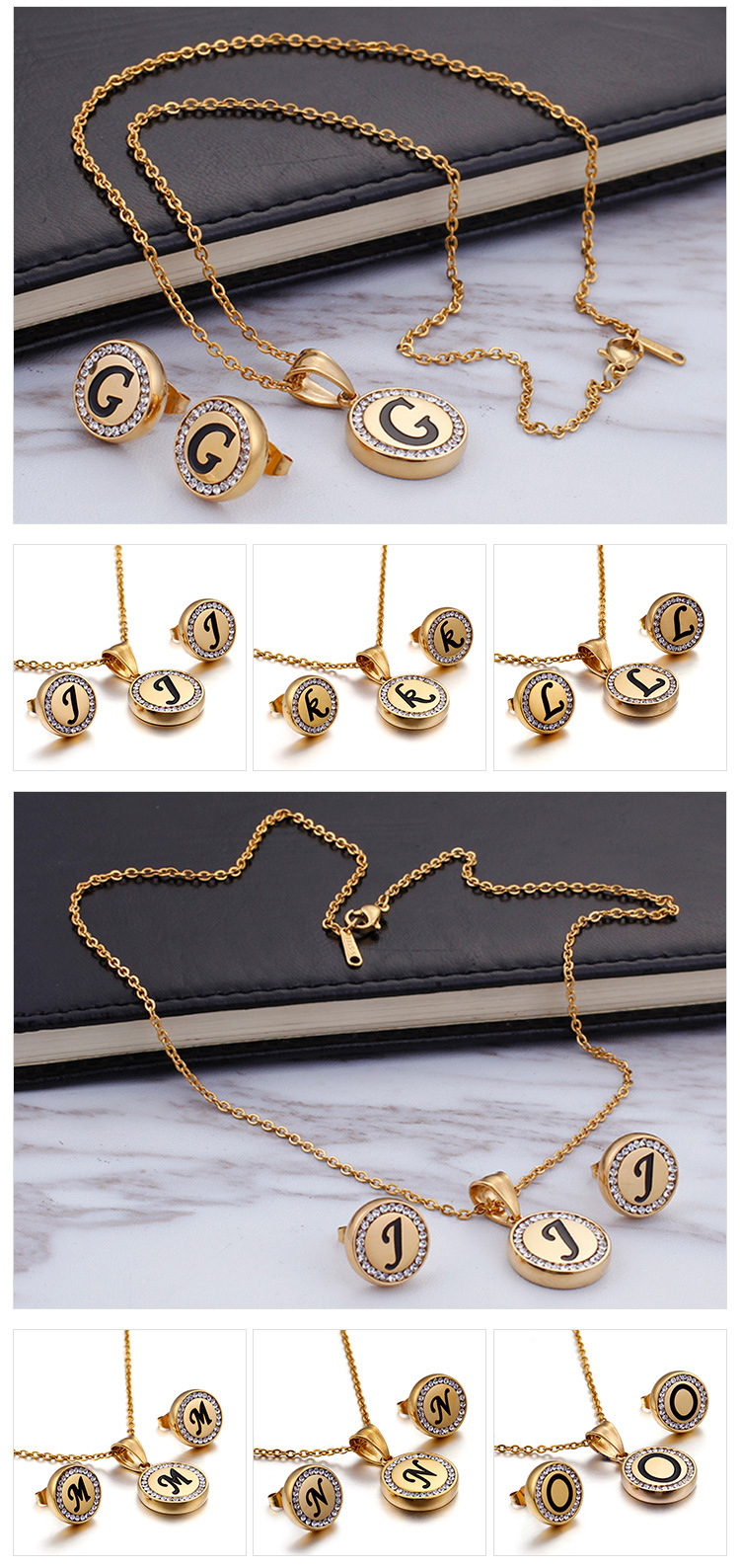 Korean stainless steel 26 letters diamond necklace earrings set wholesale Nihaojewelry