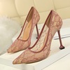 European and American fashion sexy nightclub lace hollow net thin shallow mouth pointed high heel women’s single shoes