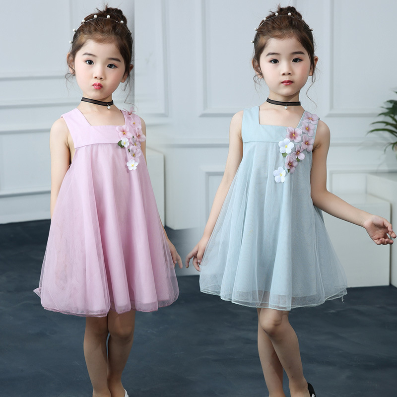 2018 girl summer Europe and America A summer Lei mesh yarn Flower children full dress Princess Dress girl Sleeveless Dress