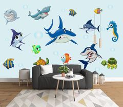 Long-lasting direct-selling cross-border new cartoon wall sticker painting 3D Under the Sea Total Drama Children's Room Shark Decorative Painting KS6641