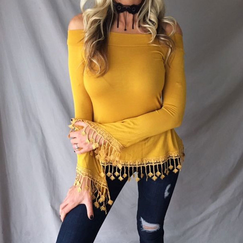 Womens Plus Size Long Sleeve Off Shoulder T Shirt Trendy Fringed Design Spring Summer Casual Wear Wholesale Available