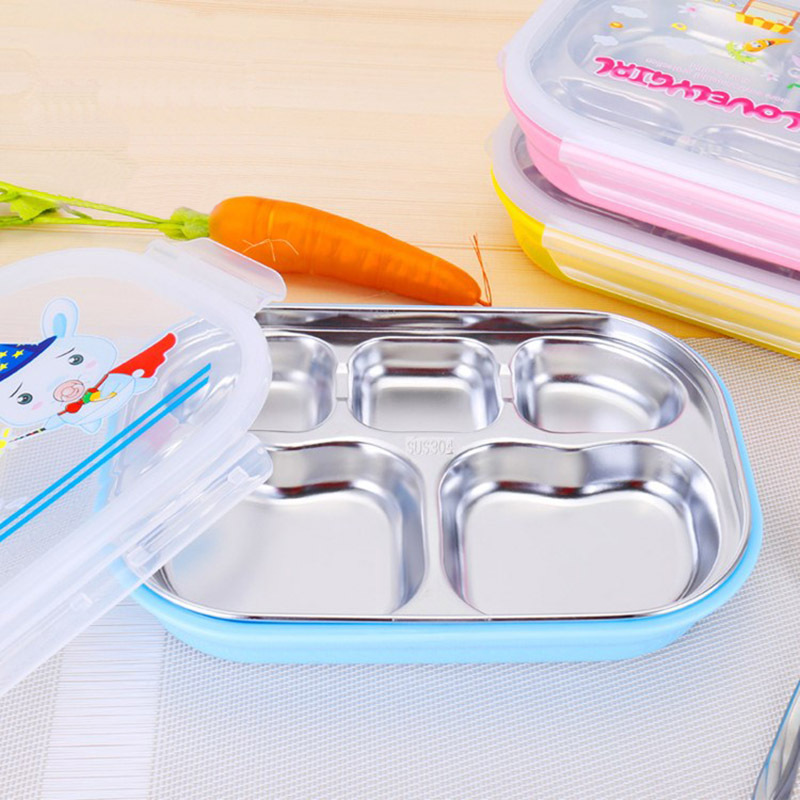 304不锈钢儿童餐盒学生方形卡通饭盒带盖密分格快餐盘厂价直销|ru