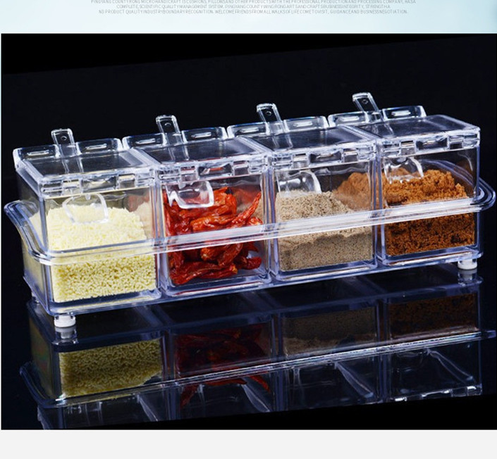 四格厨房调料盒套装水晶透明调料罐盐糖创意调味带勺盒CRTSTAL