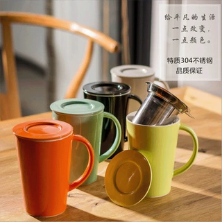 手作陶瓷杯带盖带勺马克杯定制巧克力牛奶杯办公室咖啡泡茶过滤杯
