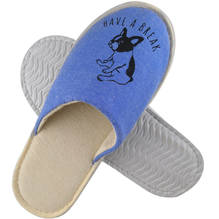 Manufacturer Made B&b Style Cotton Linen Silk Printed Dog Head logo Hotel Disposable Washable Slippers