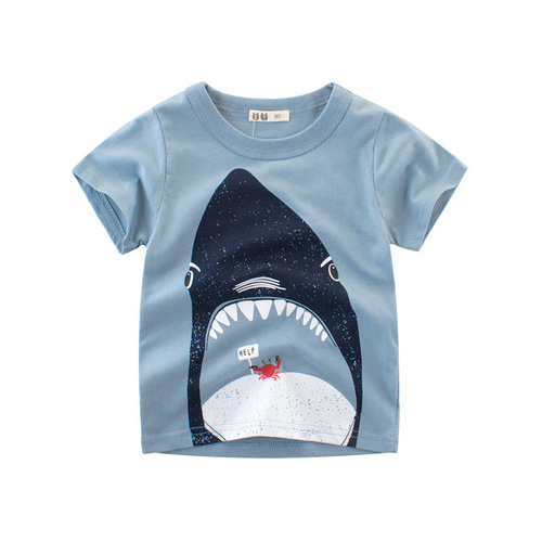 Wholesale New  Summer Kids' T-Shirts for European and American Children, Boys' Sweatshirts with Shark Cartoon Print