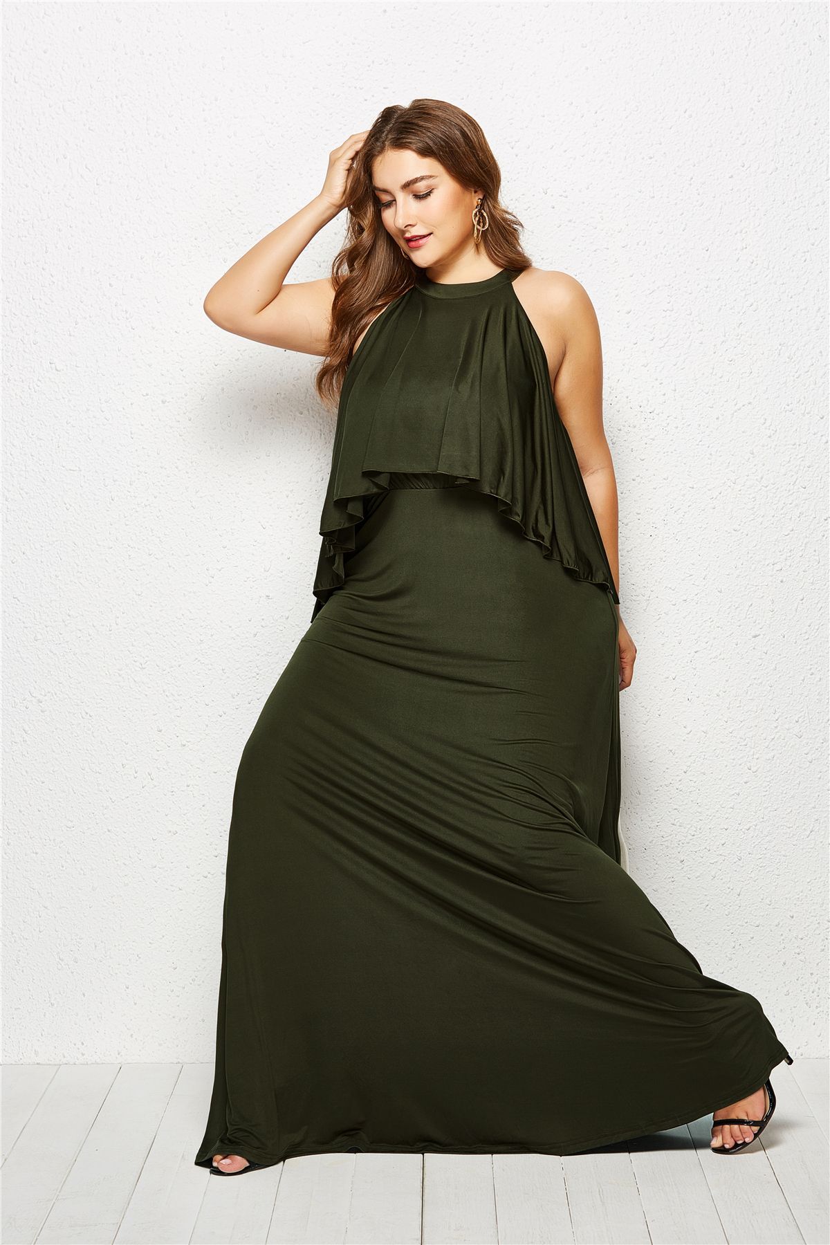 new plus size long hanging neck strapless sleeveless dress NSLM33253