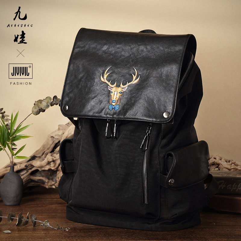 JIVIVIL品牌鹿头手工背包 休闲学生书包男士真皮双肩包14寸电脑包