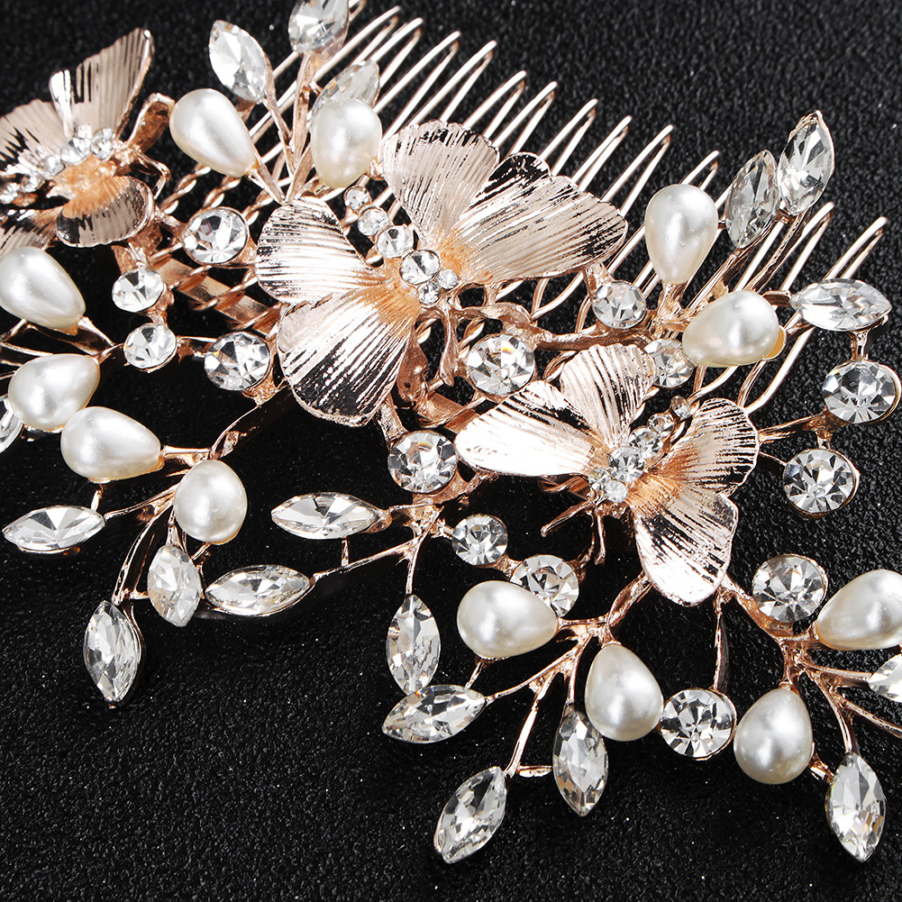 Korean Alloy Hair Comb Insert Comb Butterfly Pearl Inlaid Diamond Bridal Wedding Headdress Wholesale display picture 6