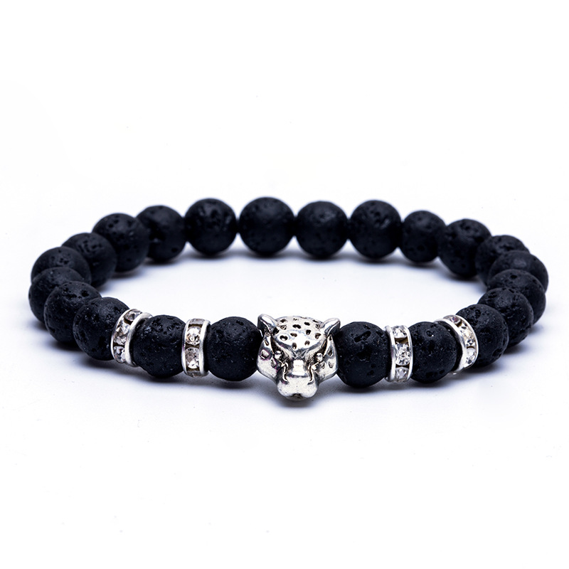 New Natural Frosted Volcanic Stone Bracelet Beads Leopard Head Beaded Diamond Elastic Bracelet