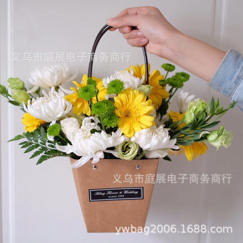 新款进口牛皮纸花袋插花盒 防水方形插花袋 梯形花束手捧花手提袋