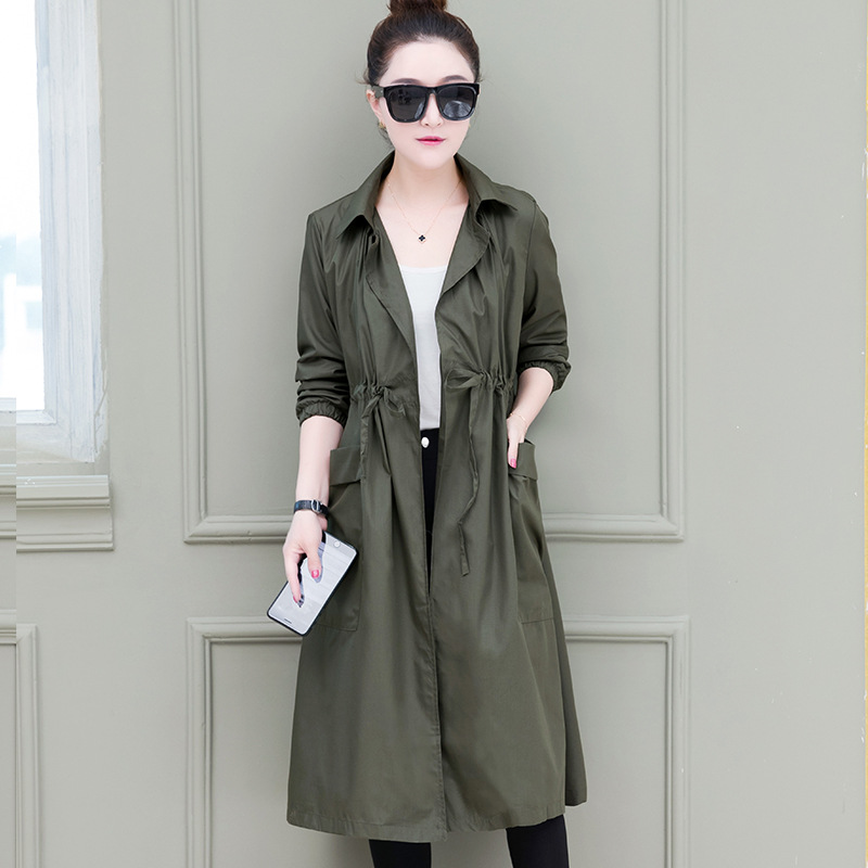 風衣女中長款韓版春季2018新款時尚寬松抽繩收腰薄款初秋純色外套