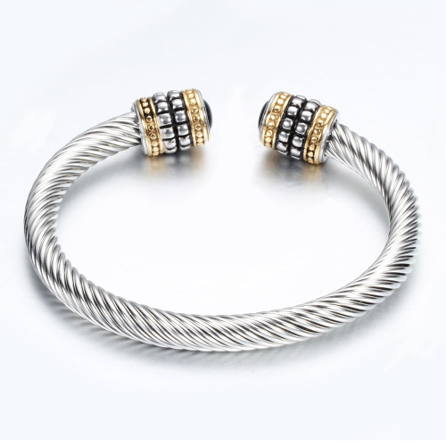 European and American vintage titanium steel twisted wire gold two-color bracelet stainless steel cable wire bracelet set with semi-precious stones