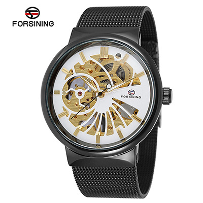 Nuevo reloj mecánico manual de la correa de acero de la moda de los hombres de FORSINING126 hueco-hacia fuera el reloj transparente del diseño para los hombres