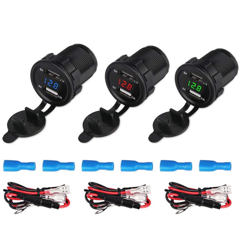 汽车摩托车12V手机车载充电器点烟器式双USB电压表 带线