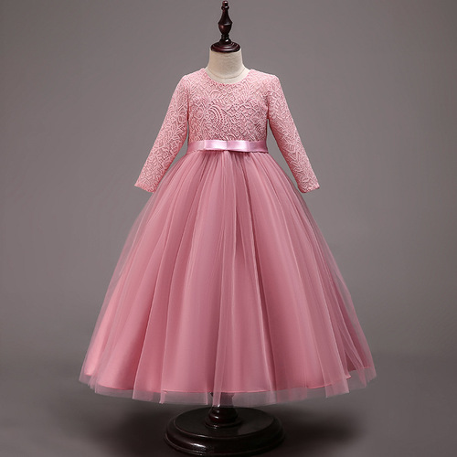 New Children's Formal Dresses Princess Skirts Big and Medium Children's Lace Wedding Dresses Long Puffy Skirts Long-sleeved Dresses 