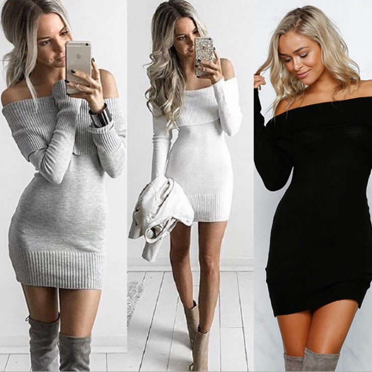 Suministro Transfronterizo Otoño-Invierno 2025 Europeo y Americano, Vestido Suéter Sexy Ajustado con Hombros Descubiertos, Suéter de Punto para Mujer image 1