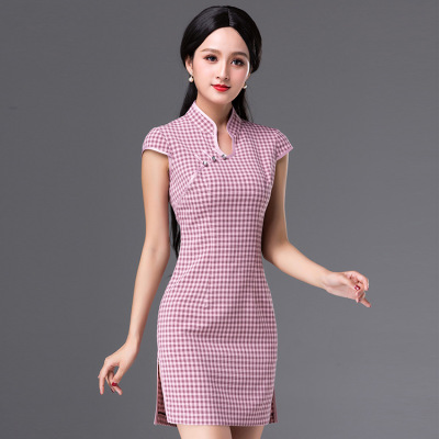 2018 new pattern lattice Cheongsam skirt Cotton and hemp Self cultivation Stand collar Improvement Show thin Short sleeved