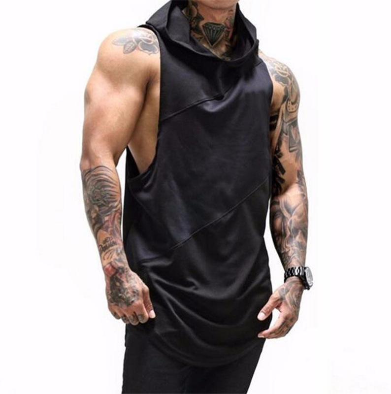 Three-Segment Stitching Cotton Stitching Mesh Men's Fitness Vest Solid Color Pure Cotton Bodybuilding Hooded Long Loose Sleeveless T