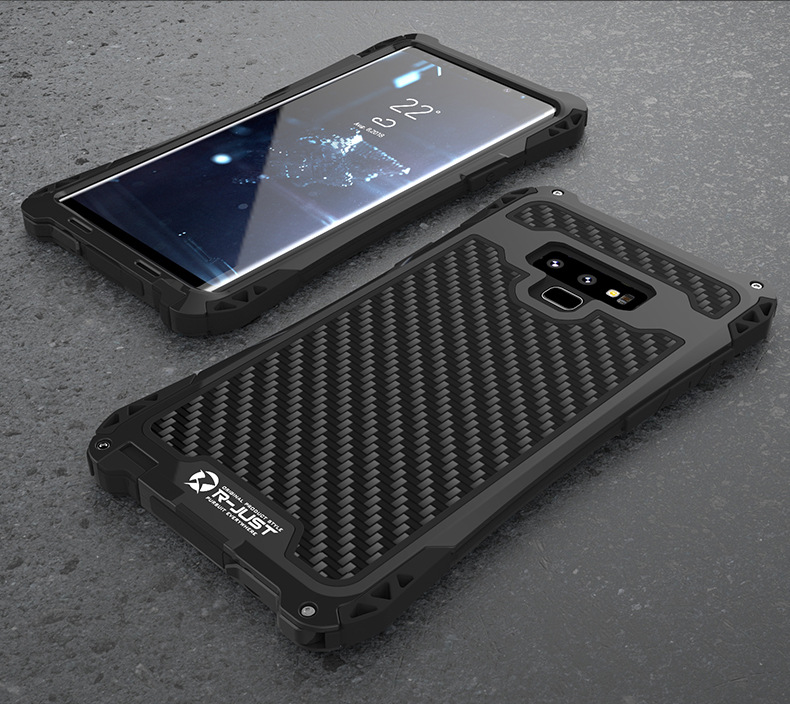 R-Just Amira Heavy Duty Dirtproof Shockproof Rainproof Aluminum Metal Bumper Carbon Fiber Back Cover Case for Samsung Galaxy Note 9