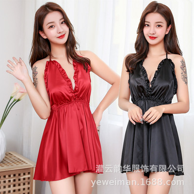 夜未满性感情趣内衣仿真丝绸短裤睡衣套装甜美露背女士大码家居服