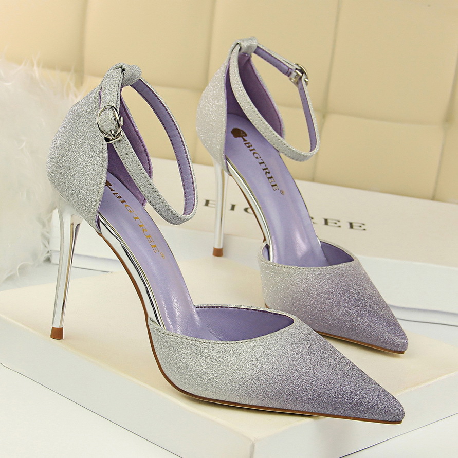 283-7 Korean Style High Heel Stiletto Shallow Pointed Toe Shiny Gradient Color Block Hollow Strap Sandals_vogvips.com