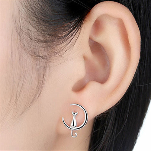 Korean style fashion moon cat earrings for women, temperament and personality 925 non-allergenic earrings, cute cat accessories earrings