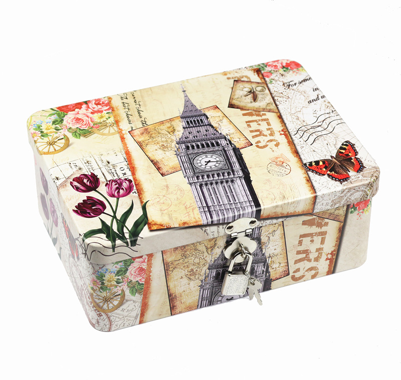Caja metálica rectangular de tamaño mediano con cerradura, caja de hierro creativa para empaque de regalos, caja de regalo sellada de hojalata.