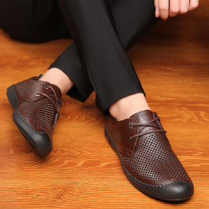秋季新款男士浅口休闲真皮单鞋夏季镂空系带透气商务正装皮鞋男