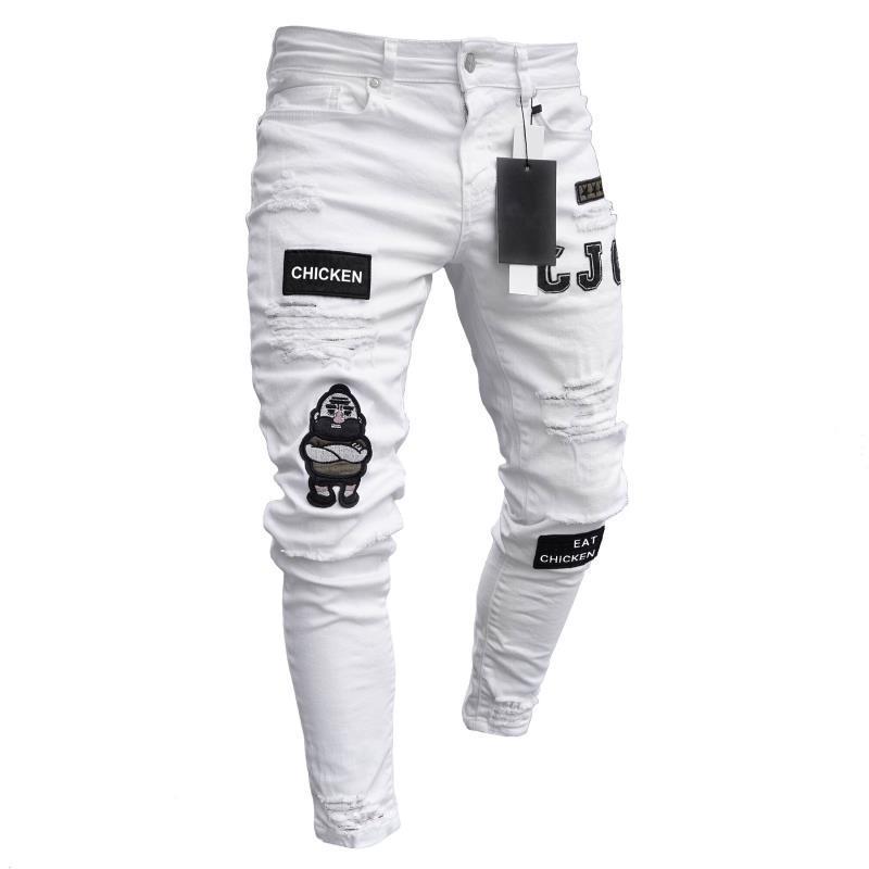 Foreign trade fast-selling European and American men's skinny jeans patch embroidered hole locomotive pants 7 undefined
