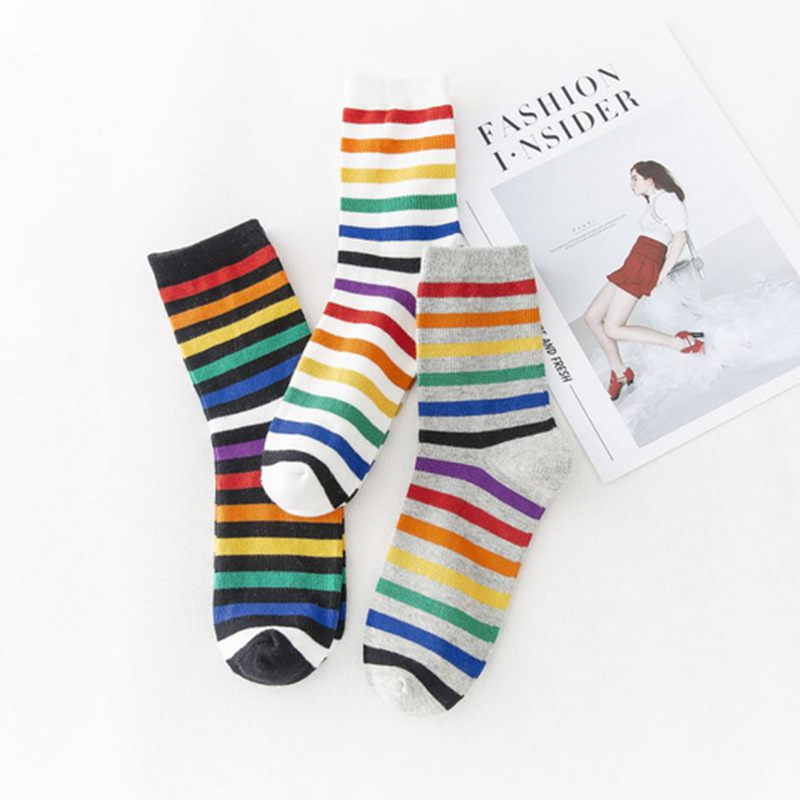 All Cotton Socks Net Red Pop Rainbow Stripe Middle Tube Street Fashion Couple Socks Fashion Sports Casual Socks