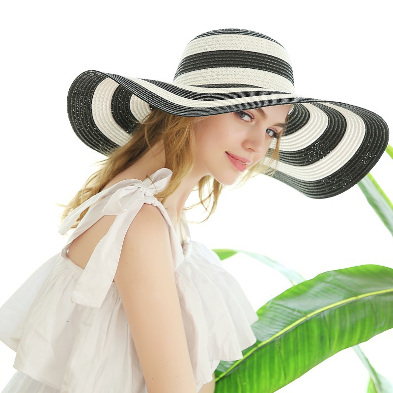 Summer Sun Hat Korean Version Of The New Black And White Striped Beach Straw Hat Sunscreen Sun Hat Straw Hat Female Summer