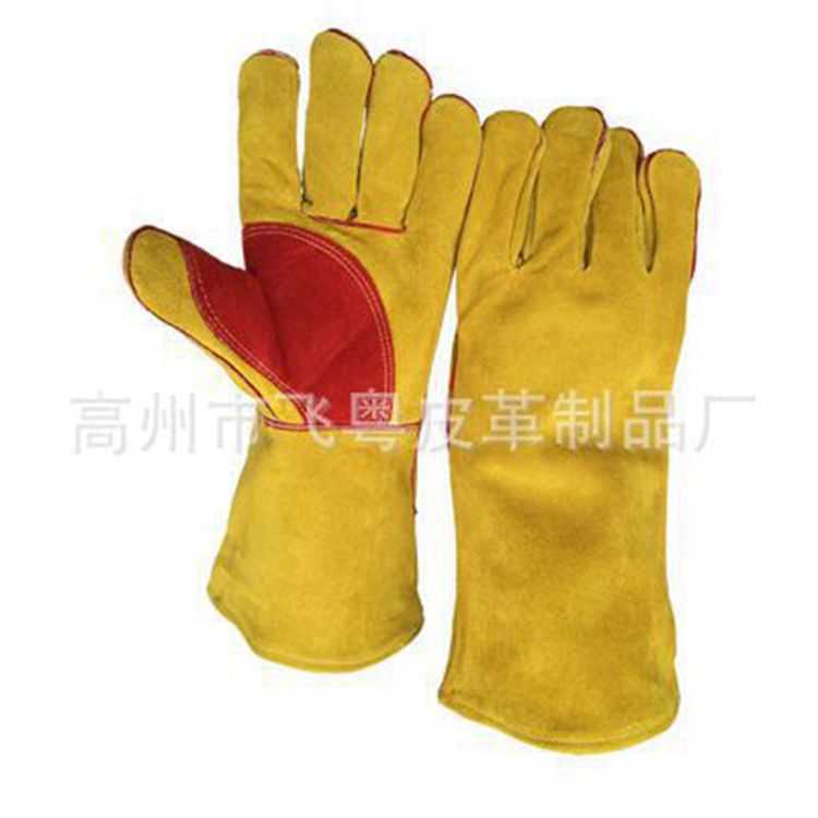 牛二层16寸黄色十红色电焊劳保手套皮革手套批发
