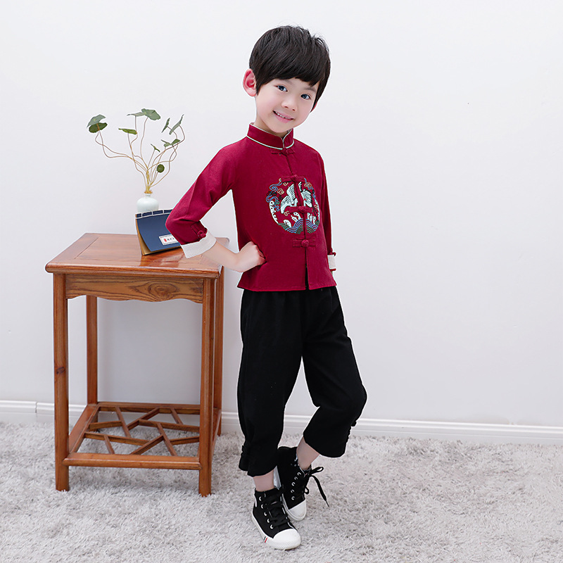 男童汉服春秋 童装民族风中式棉麻开衫长袖长裤套装一件代发古装|ms