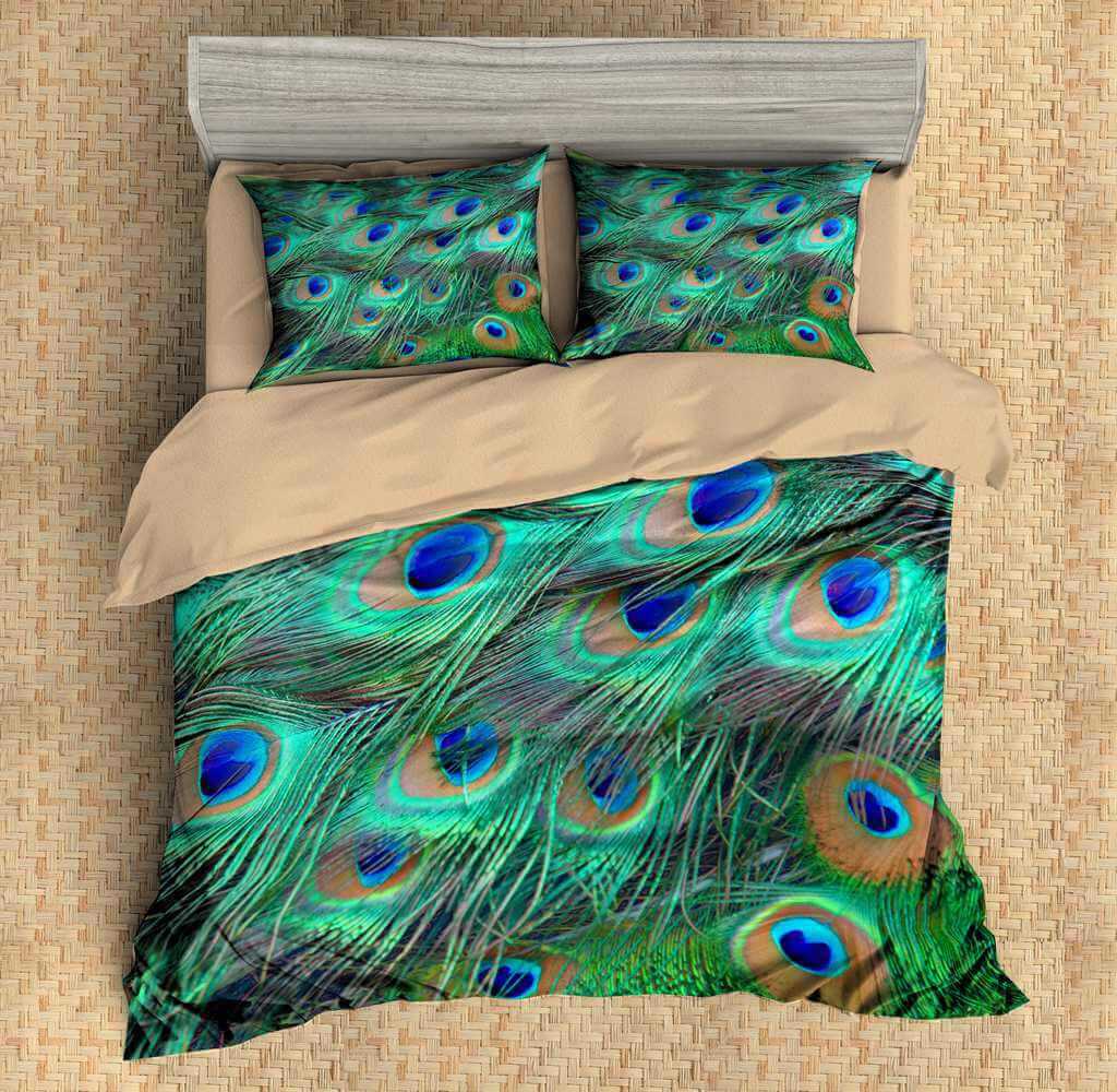 Feather Pattern Bedding Set 3D Peacock Colorful Feather Printing Duvet Cover With Pillowcase