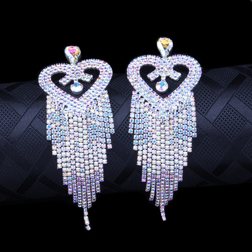 heart shaped Tassel Earrings AB color diamond Women ballroom latin dance performance Earrings Rhinestones