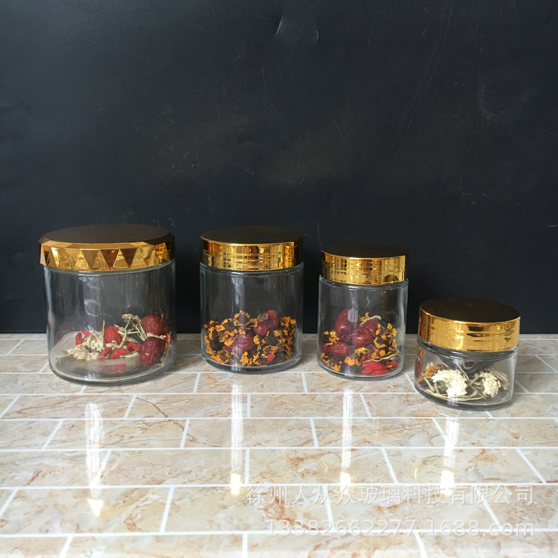 180ml360ml大小透明金色花茶罐 高白料玻璃罐配金银钻石盖蜂蜜瓶