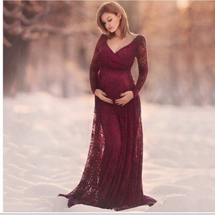 European and American Pregnant Women Sexy Front Deep V-neck Long Sleeve Lace Dress Casual Sexy Evening Dress 8981