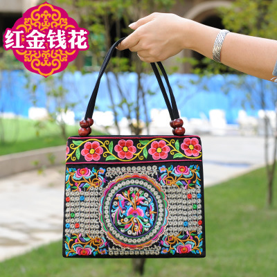 2024 nuevo bolso de cuentas de madera de doble capa portátil de mediana edad y ancianos bolso de bordado de estilo étnico bolso de lona portátil de un solo hombro bordado