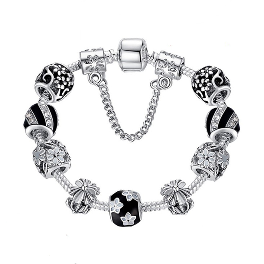 Black Enamel Daisy Flower Charm Bracelet