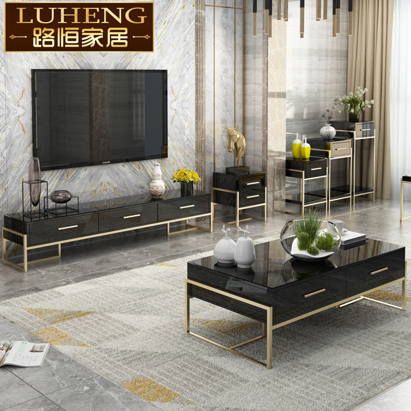 轻奢茶几电视柜台边几组合套装花架不锈钢镀金色黑白烤漆客厅包邮