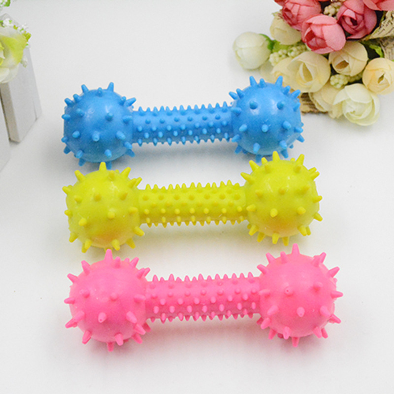 Fábrica en stock juguete para mascotas Barbell molar dientes limpieza mordedura-resistente perro de goma campana juguete TPR suministros para mascotas