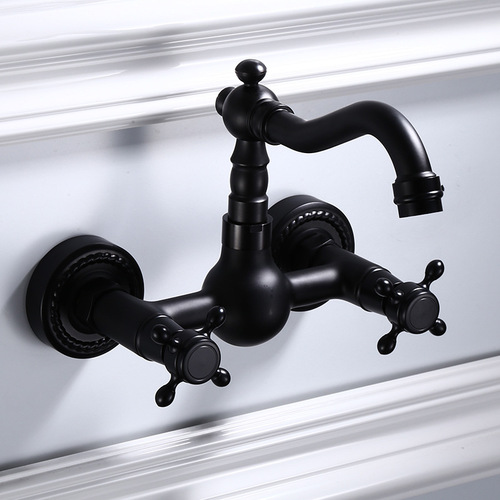 All-copper black European-style antique bathtub hot and cold faucet bathroom hardware wall-mounted balcony 360 rotating faucet