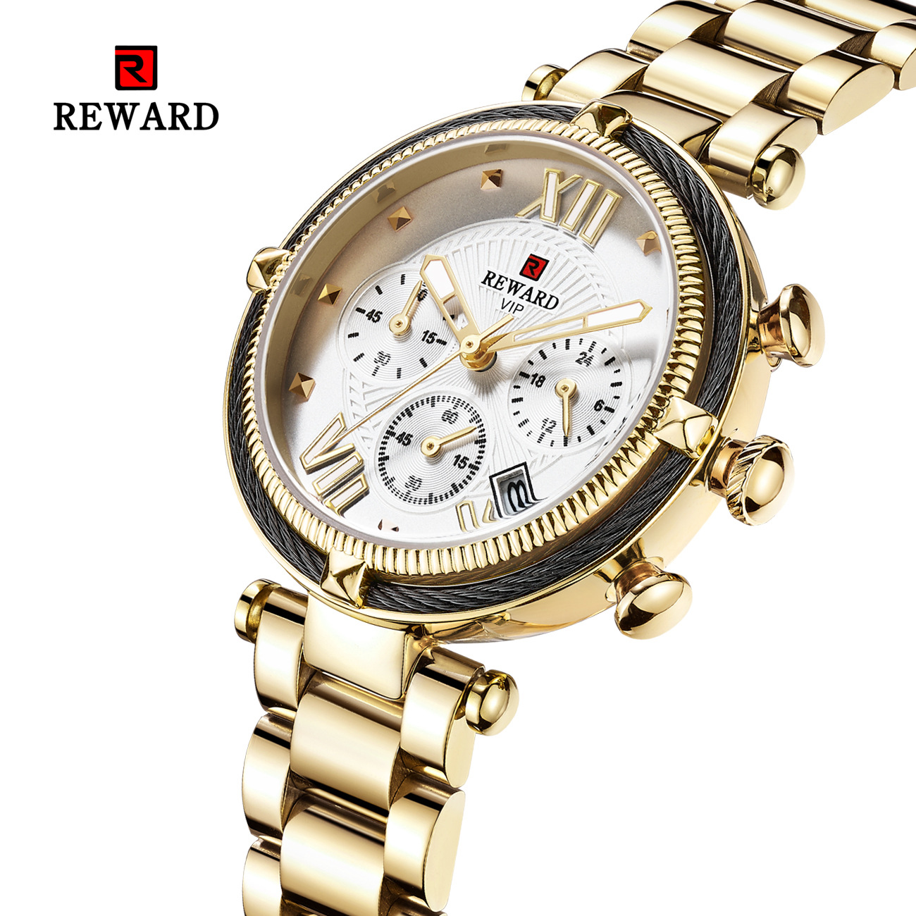 REWARD63084 Reloj para mujer Reloj de seis pines Reloj de cuarzo resistente al agua Reloj con banda de acero Reloj con calendario de moda para mujer_voghion.com